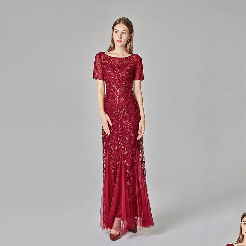 Sequin Fishtail Tulle Gown in Burgundy