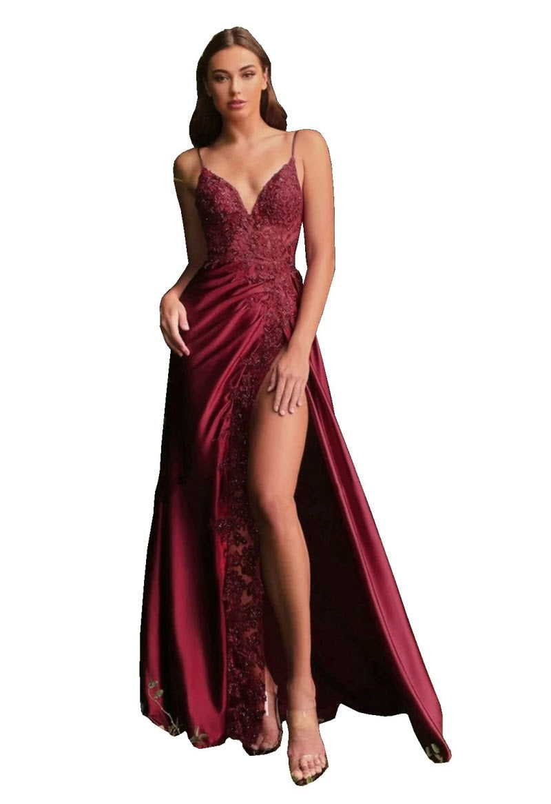 Satin Applique Gown in Burgundy