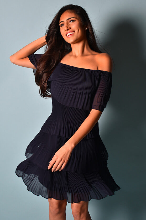 Navy Pleated Off The Shoulder Dress 218157 - After Hours Boutique