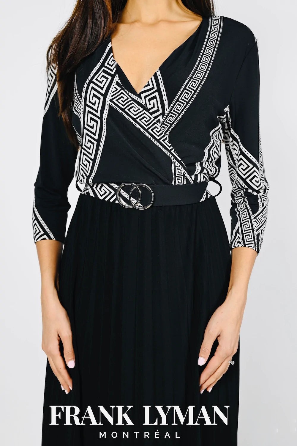 Beige/Black Geometric Print Crossover Dress 223011 - After Hours Boutique