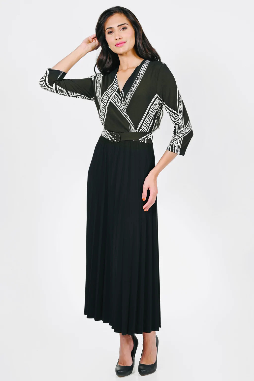 Beige/Black Geometric Print Crossover Dress 223011 - After Hours Boutique