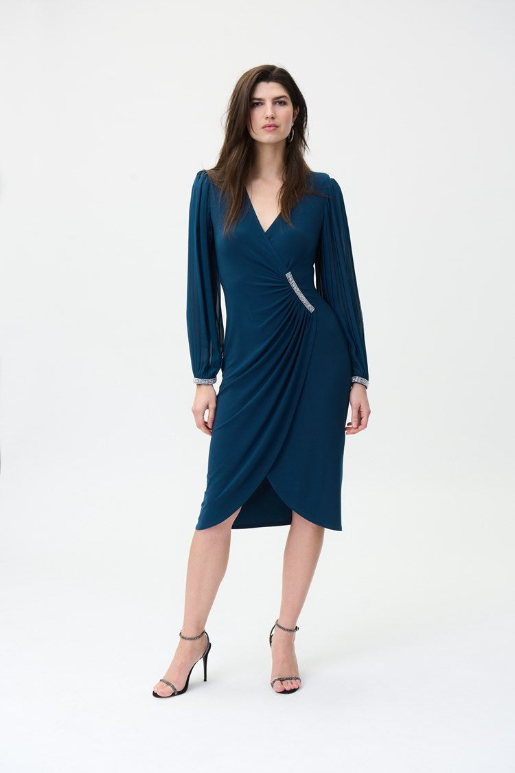 Silky Knit Wrap Dress With Pleated Puff Sleeves 224046 - After Hours Boutique