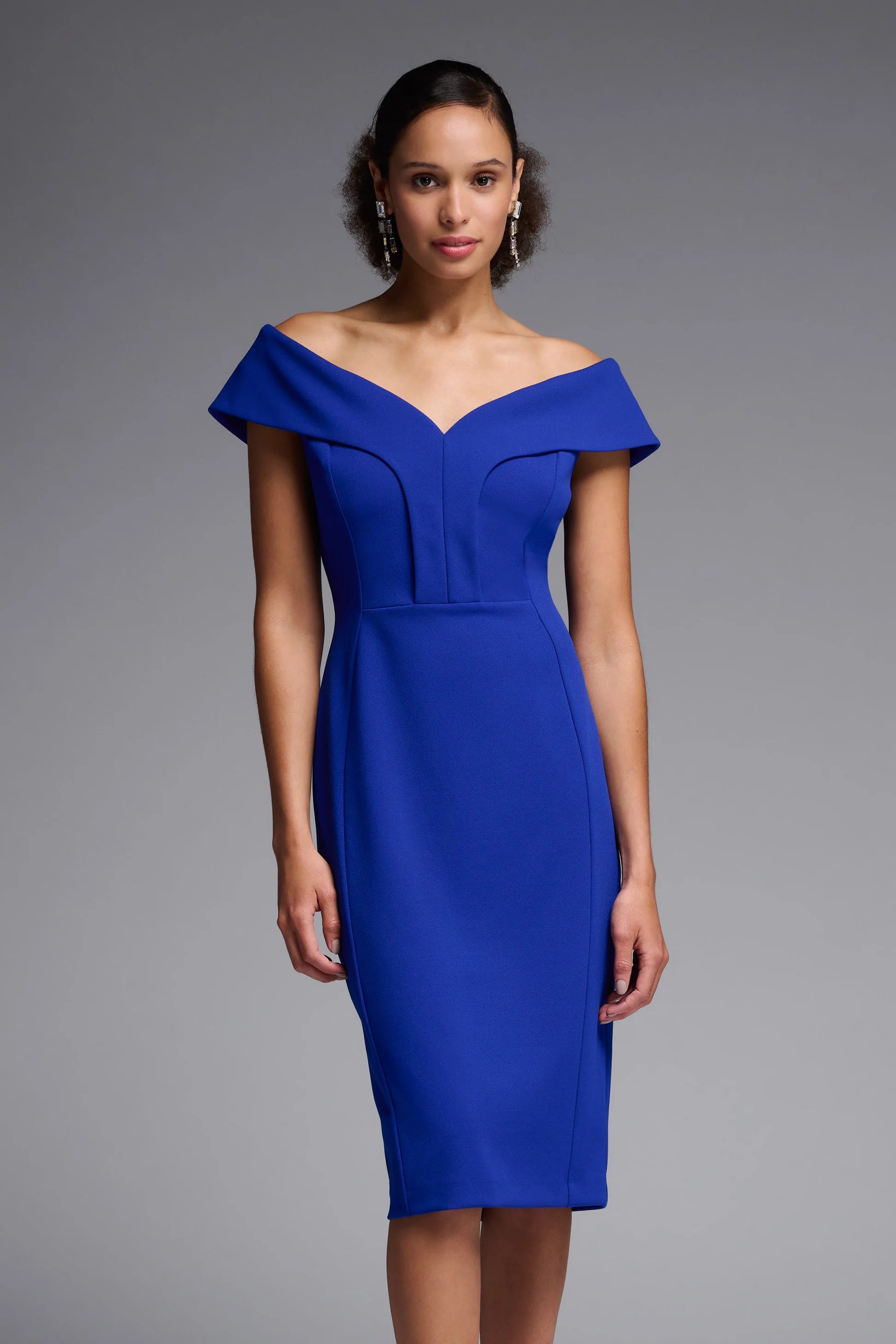 Off-The-Shoulder Suba Crepe Sheath Dress in Royal Sapphire 231756 - After Hours Boutique