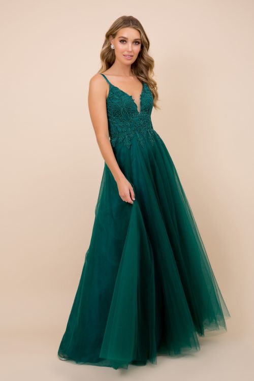 V- Neck Gown with Tulle Skirt in Emerald Green A753E - After Hours Boutique