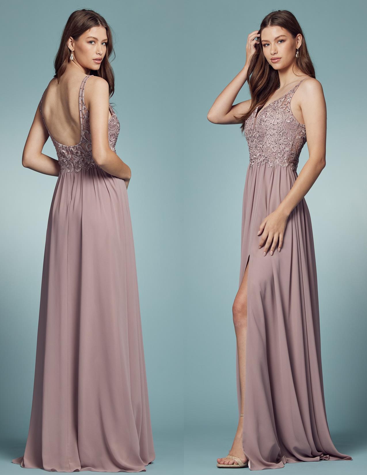 Lace Bodice Chiffon Gown in Mauve A992M - After Hours Boutique