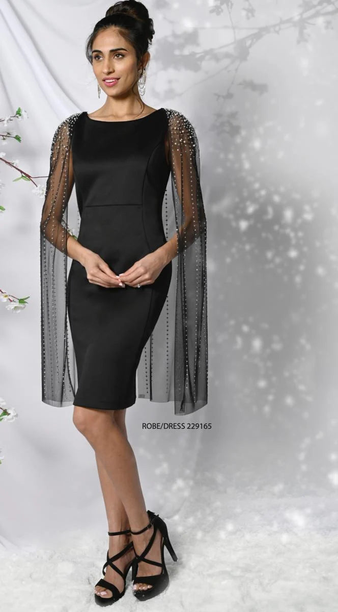 14254 Black Stone Embroidered Cape Dress