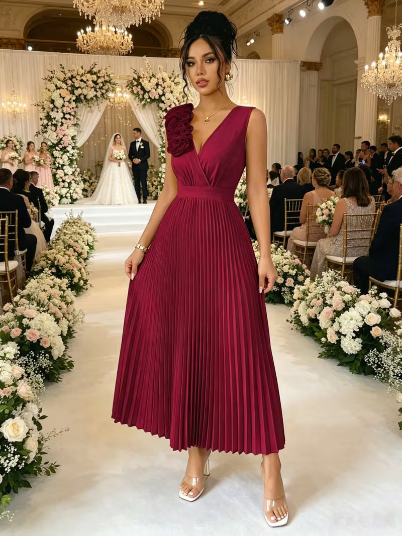 Satin Pleated Skirt Maxi dress in Burgundy
