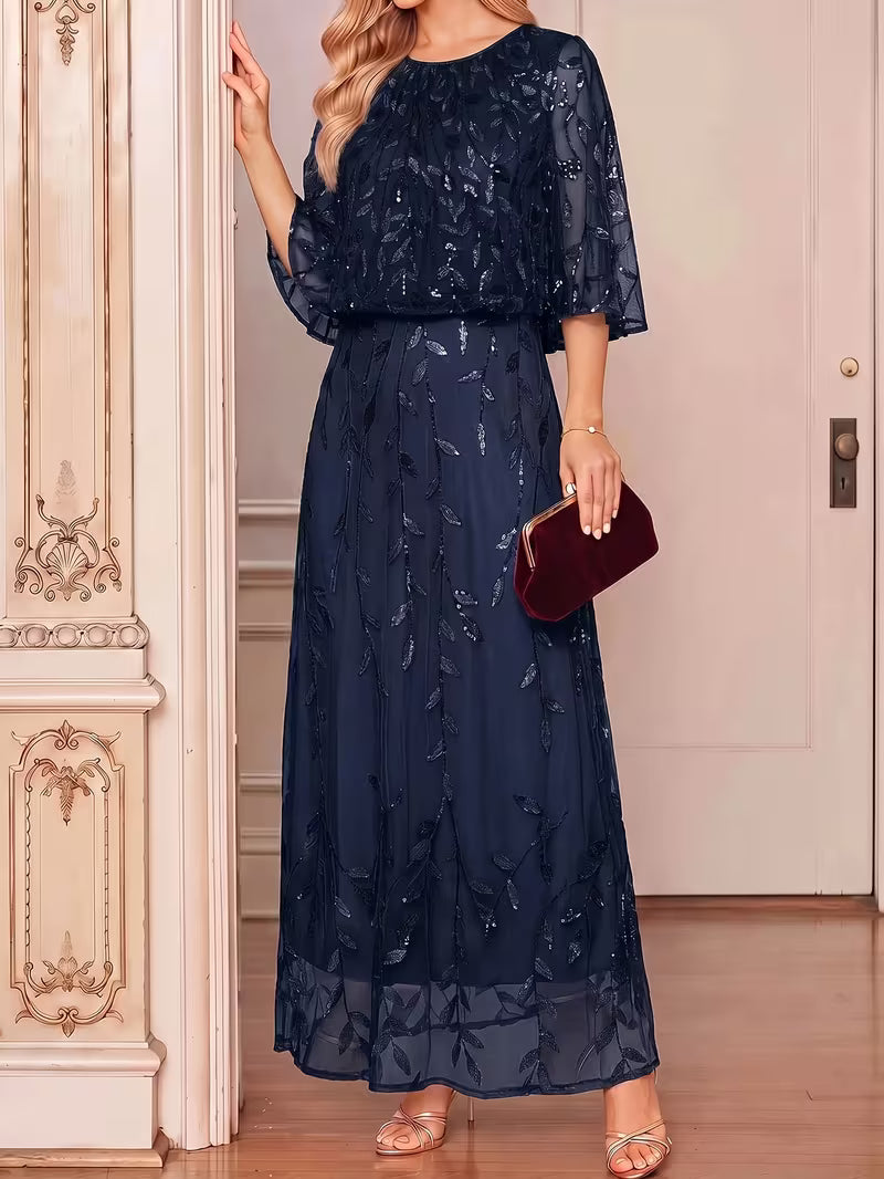 Embroidered Leaf Sequin Print Maxi Dress in Chiffon Mesh