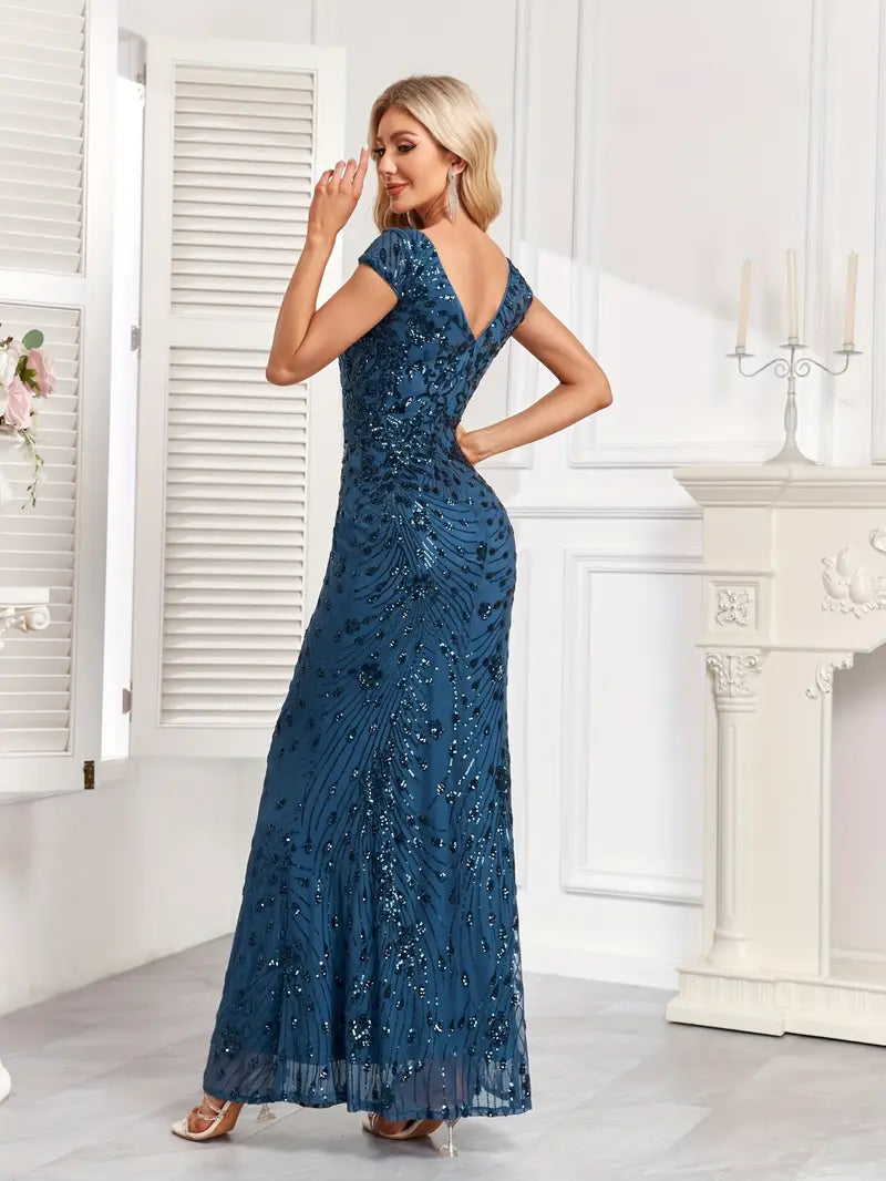 Sleeveless Sequin Gown in Navy Blue