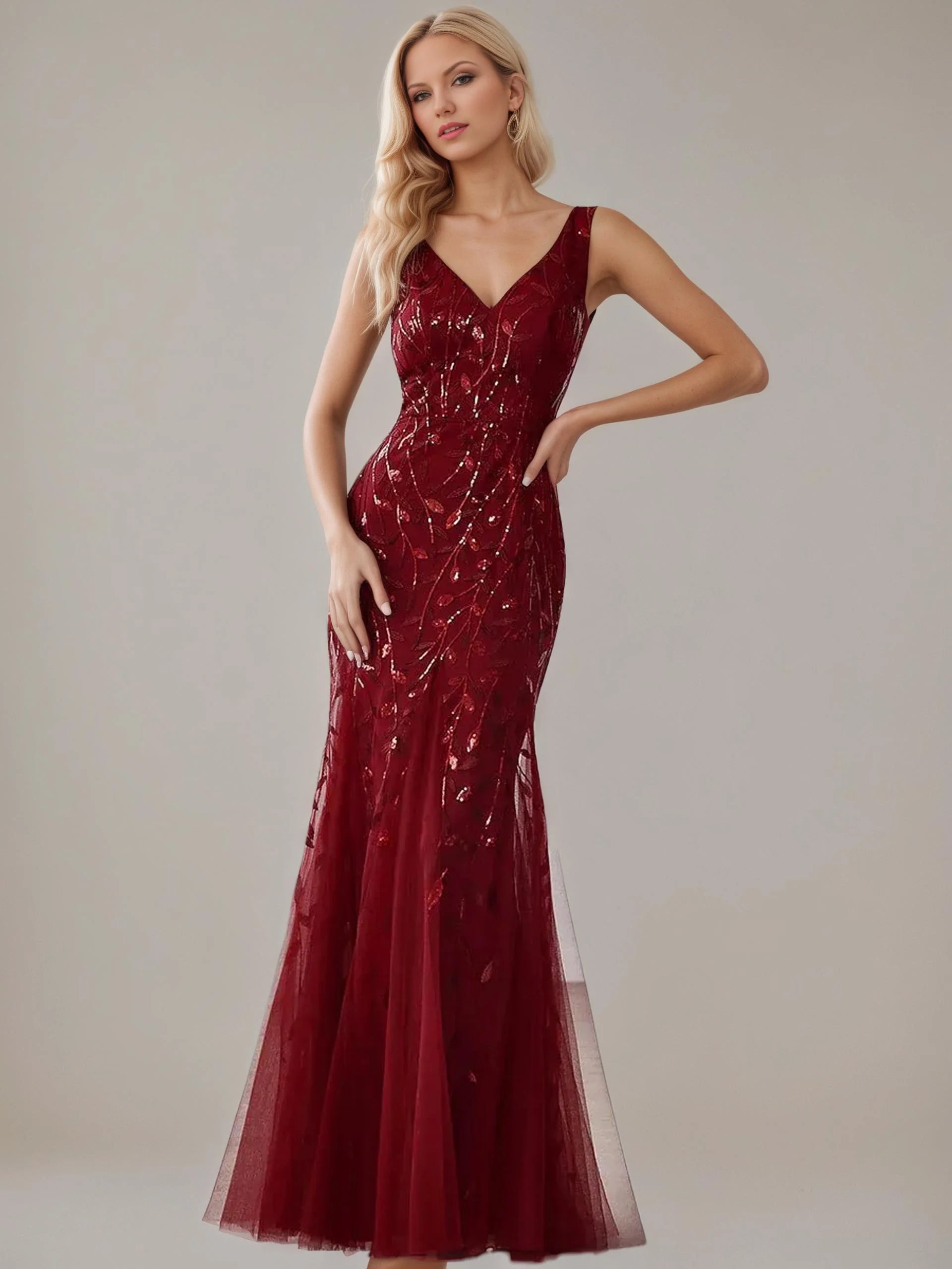 Sleeveless V-Neck Tulle Sequin Dress in Burgundy