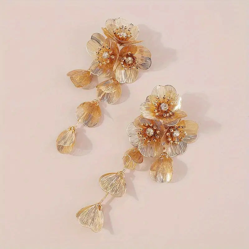 Elegant Flower Statement Earrings in Gold