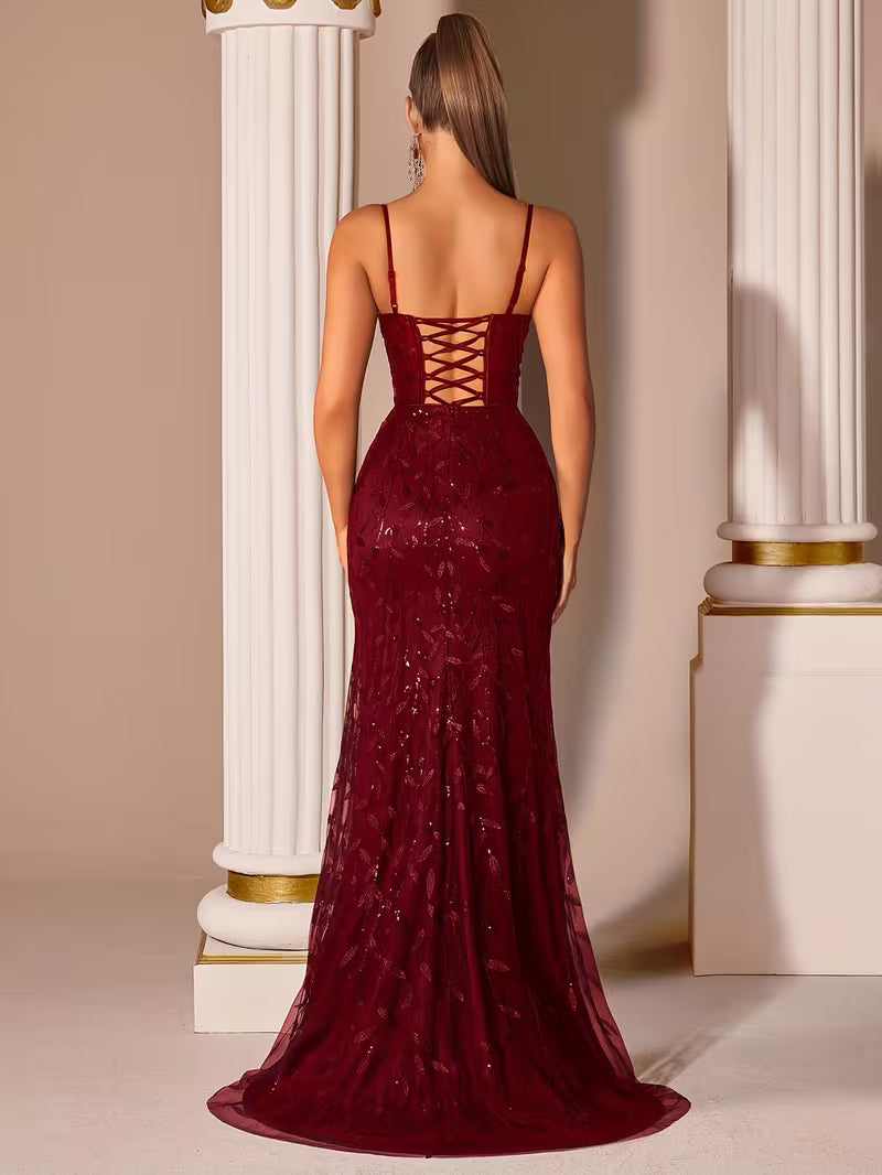 Leaf Print Sequin Gown in Burgundy