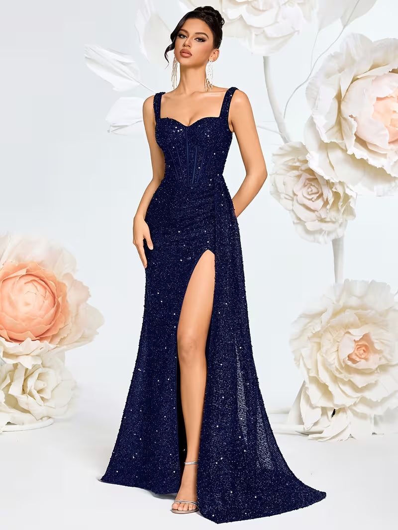 Sequined Navy Wide Stap Gown