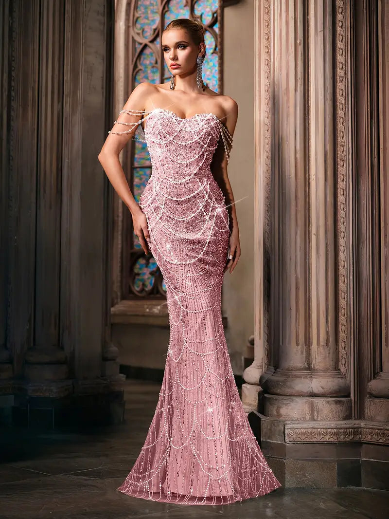 Beaded Bodycon Gown with Mermaid Tail in Dusty Pink