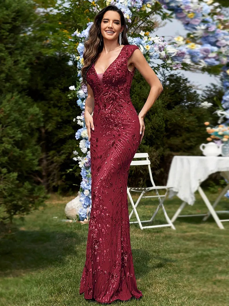 Sleeveless V-Neck Sequin Gown in Burgundy