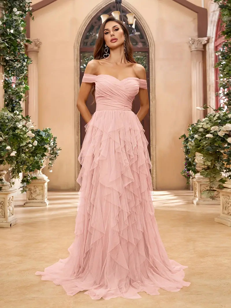 Off The Shoulder Ruffled Tulle Dress in Nude Pink