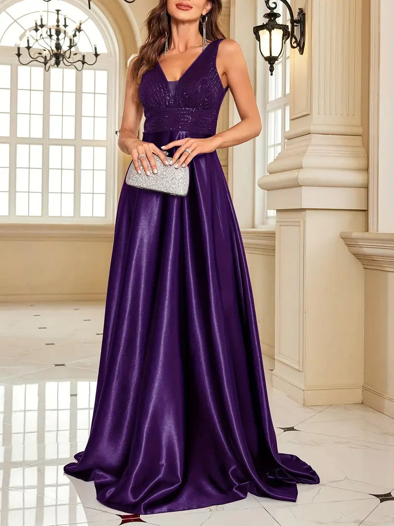 V-Neck Deep Purple Sequin & Satin Gown