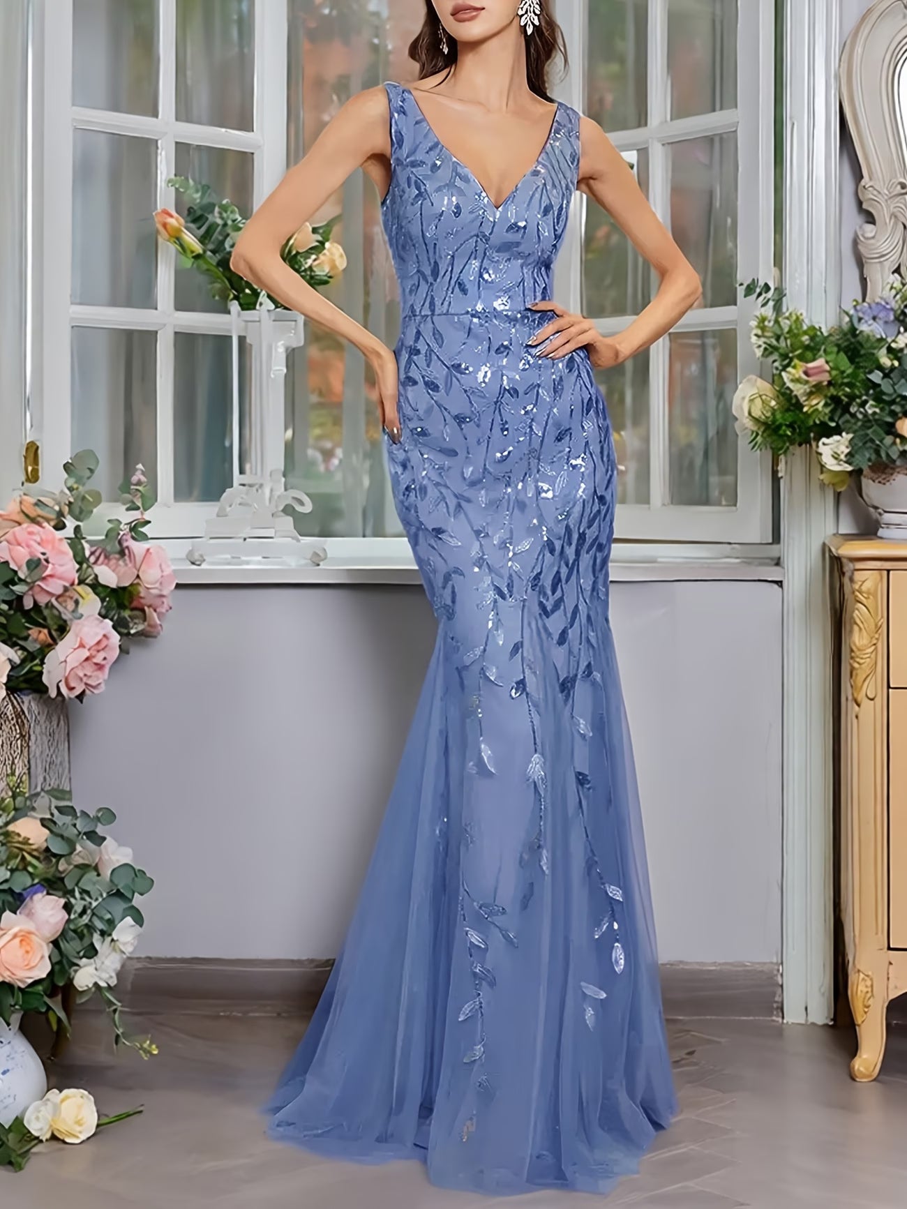 Sequin Fishtail Gown in Dusty Blue