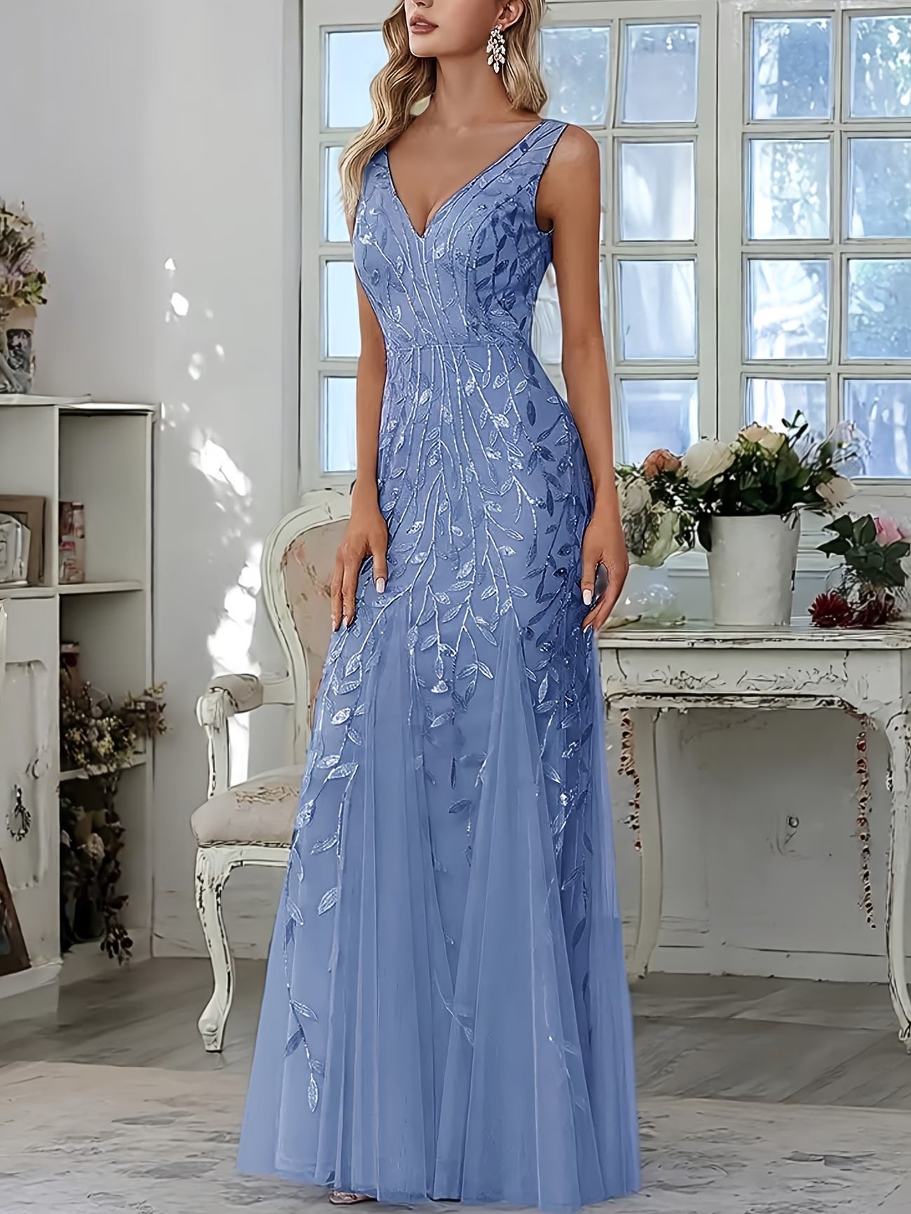 Sequin Fishtail Gown in Dusty Blue
