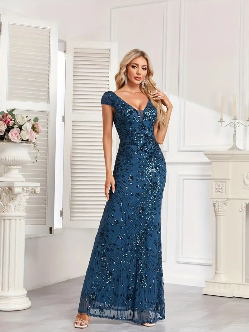 Sleeveless Sequin Gown in Navy Blue