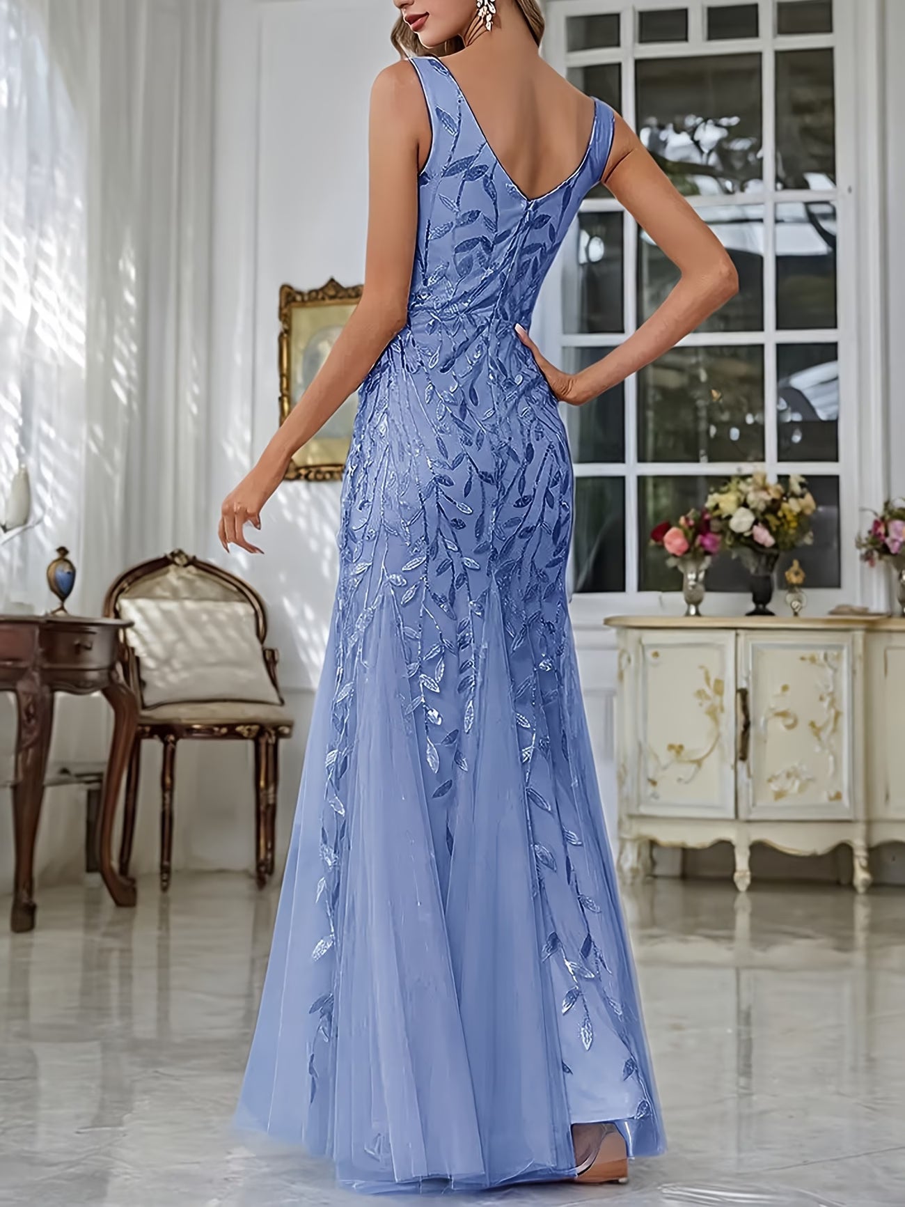 Sequin Fishtail Gown in Dusty Blue
