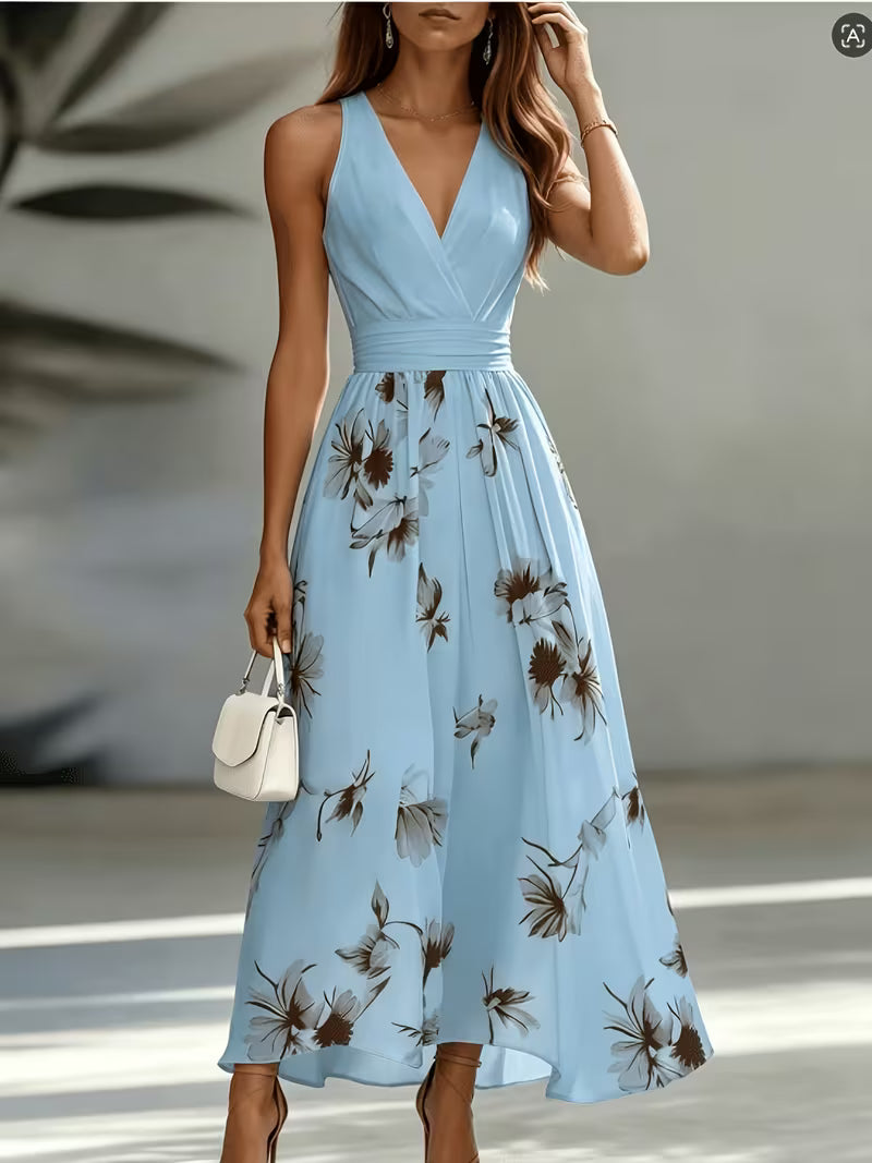 Print V-Neck Maxi dress in Light Blue