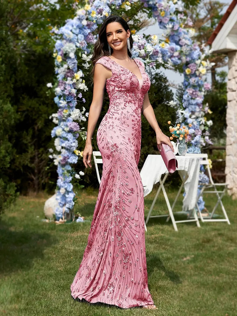 Sleeveless V-Neck Sequin Gown in Pink