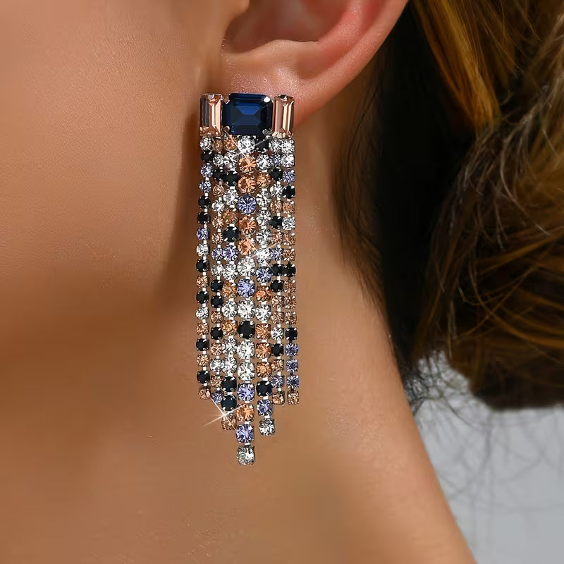 Blue Gem and Tassel Earrings