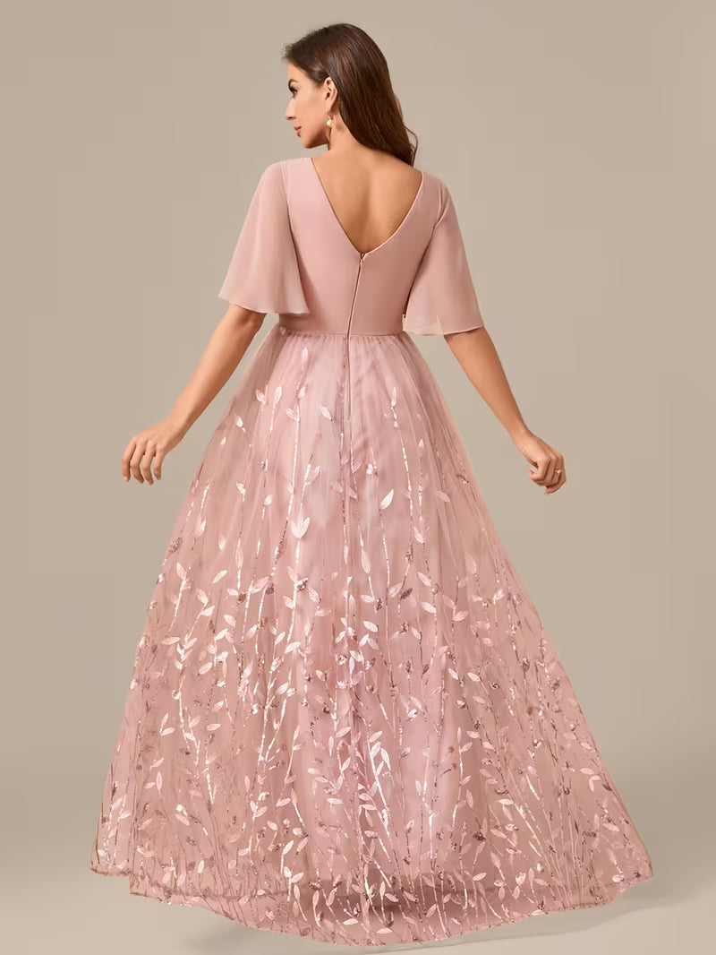 Chiffon & Mesh Leaf Print Gown