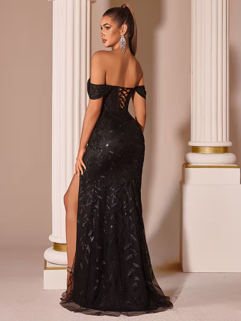 Off the Shoulder Leaf Sequin Dress in Black