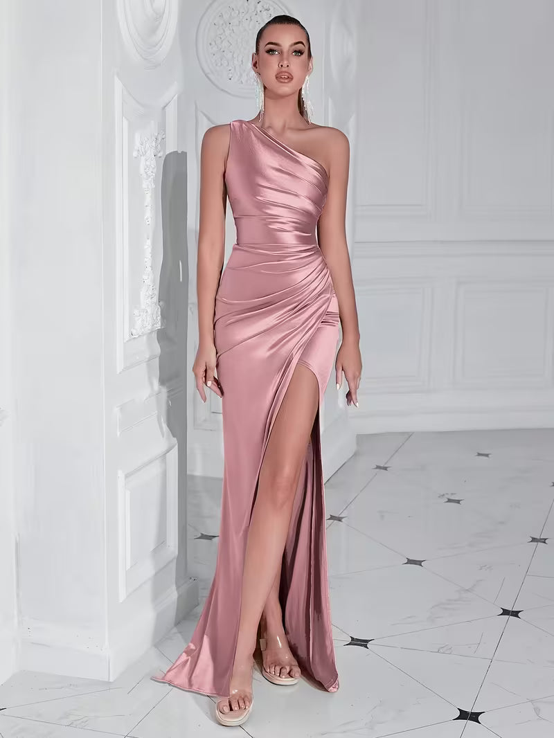 Elegant One-Shoulder Satin Gown in Rose Gold