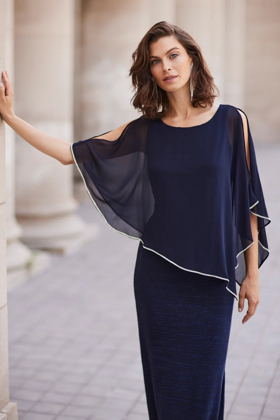 Rhinestone Trim Knee-Length Dress In Midnight Blue 219203