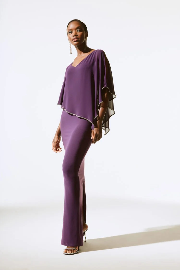 Silky Knit Chiffon Layered Gown with Cape 221385F24