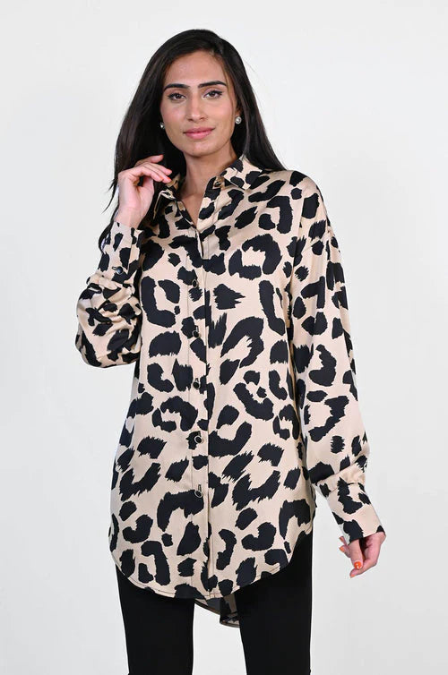 Camel and Black Satin Long Shirt 223610 - After Hours Boutique