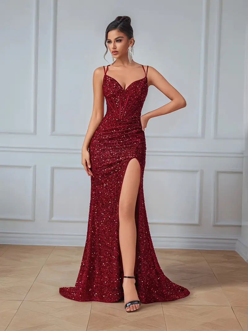 Sequin V- Neck Gown with High Split in Crimson