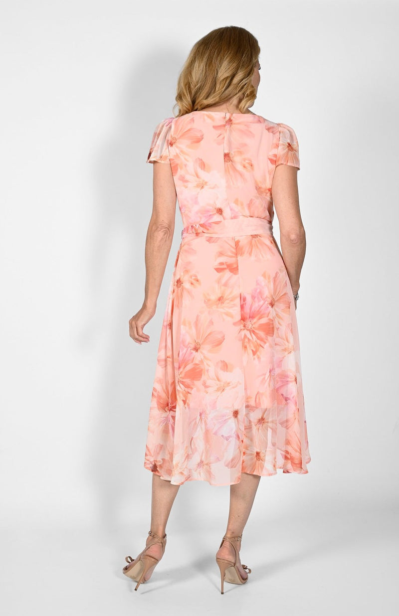 Floral Apricot Print Faux Wrap Dress 232324