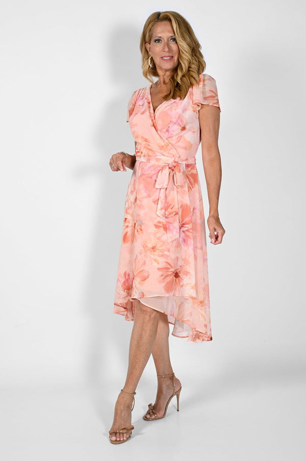 Floral Apricot Print Faux Wrap Dress 232324