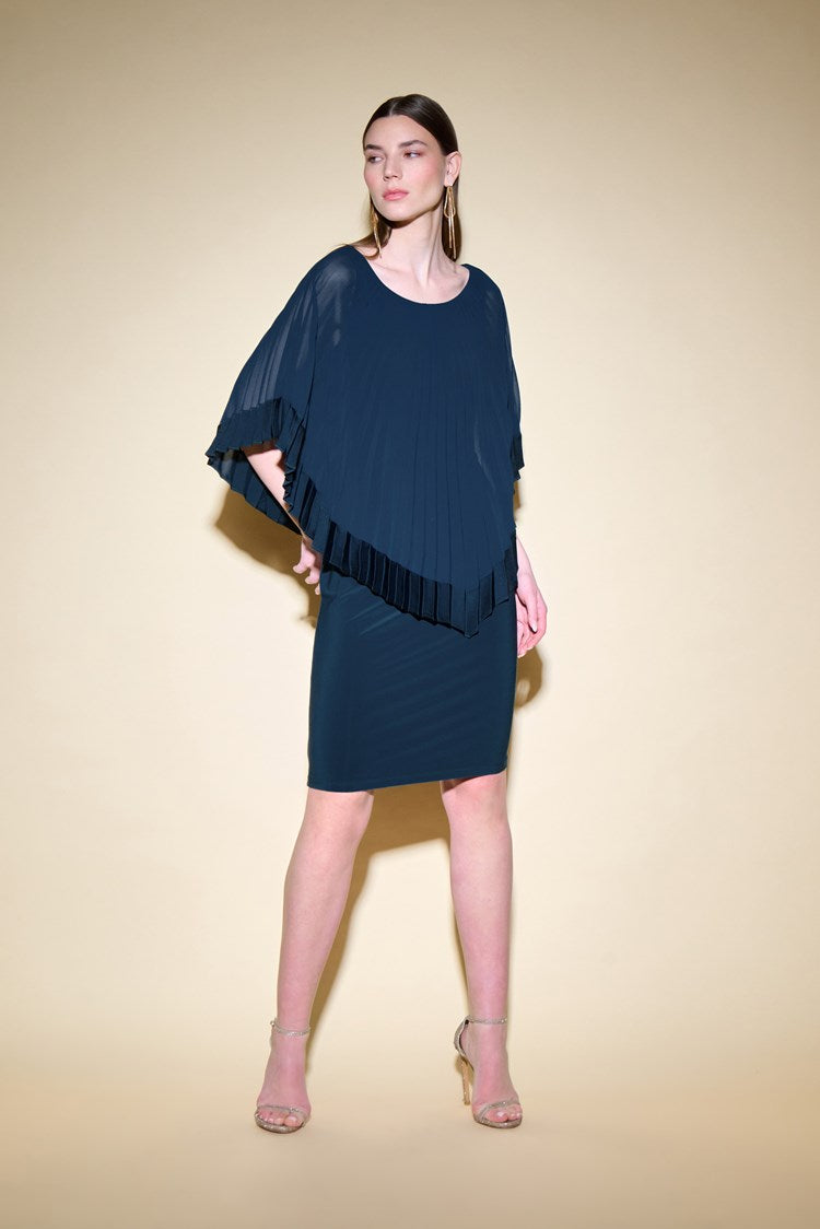 Silky Knit Sheath Dress With Chiffon Pleated Overlay in Midnight Blue 234705
