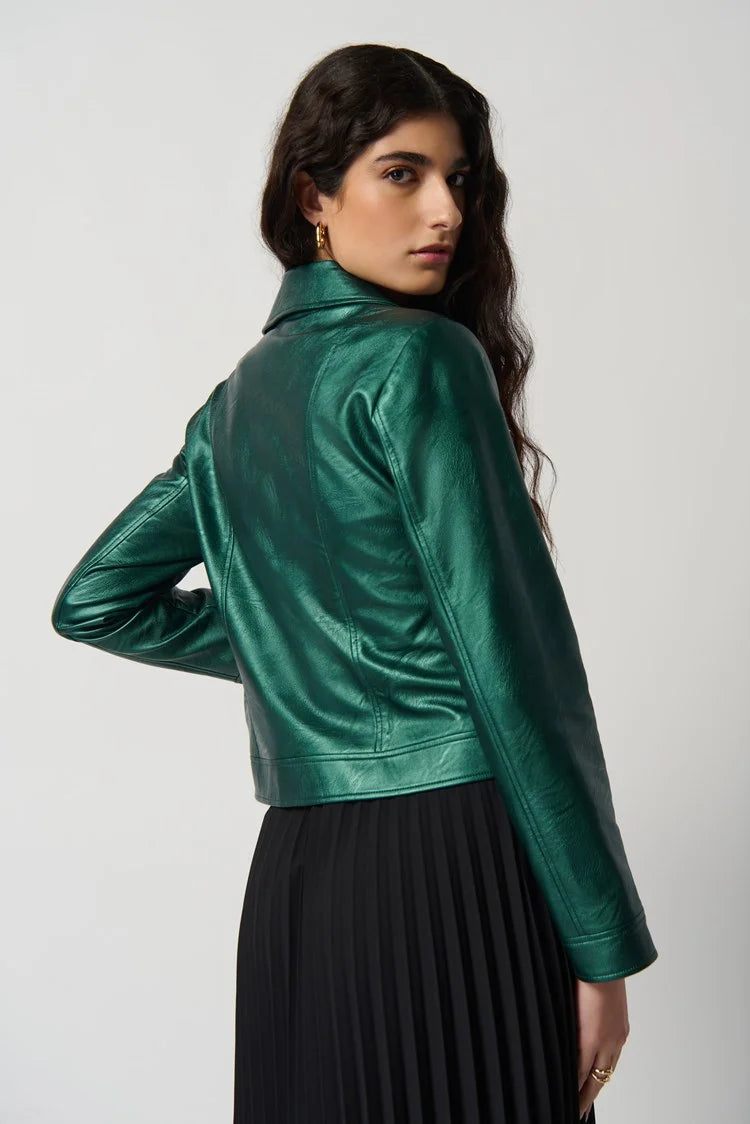 Metallic Faux Leather Biker Jacket In Emerald 234902
