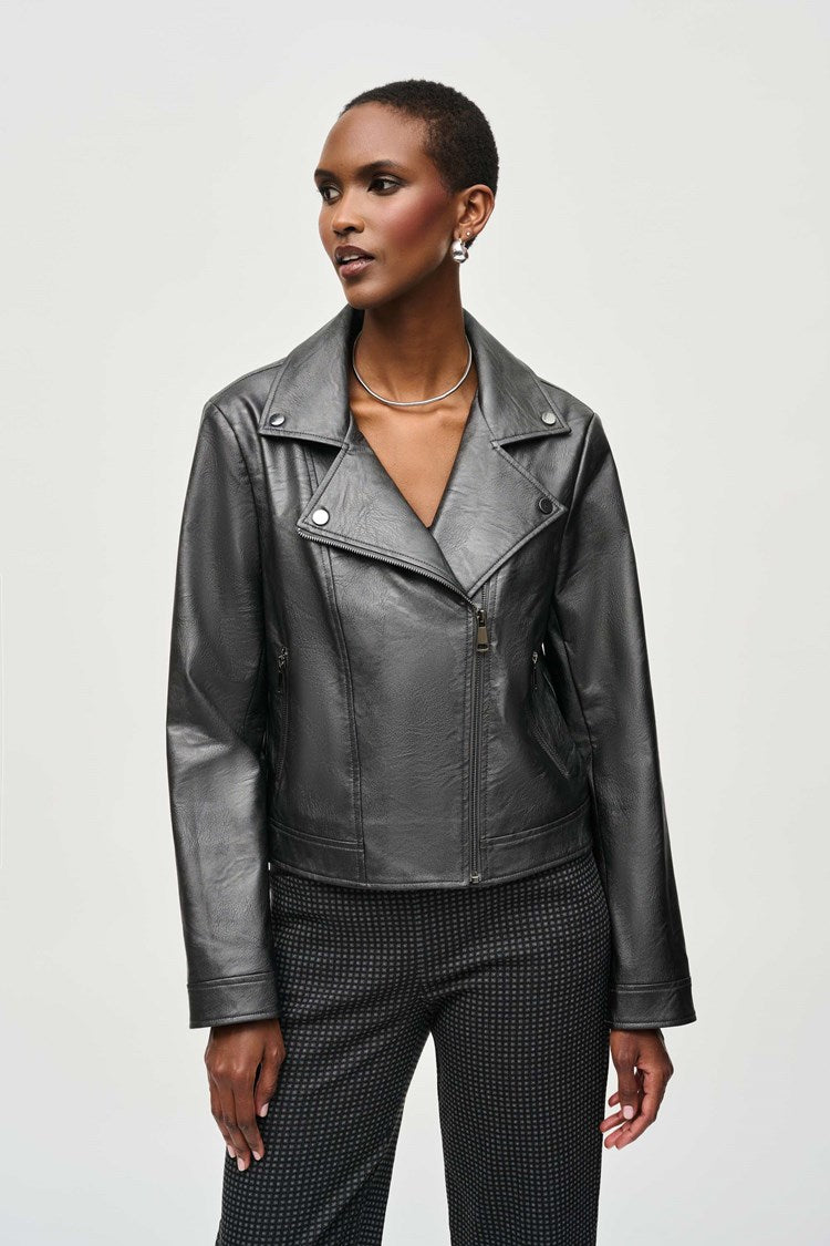 Metallic Faux Leather Biker Jacket in Gunmetal 234902F24