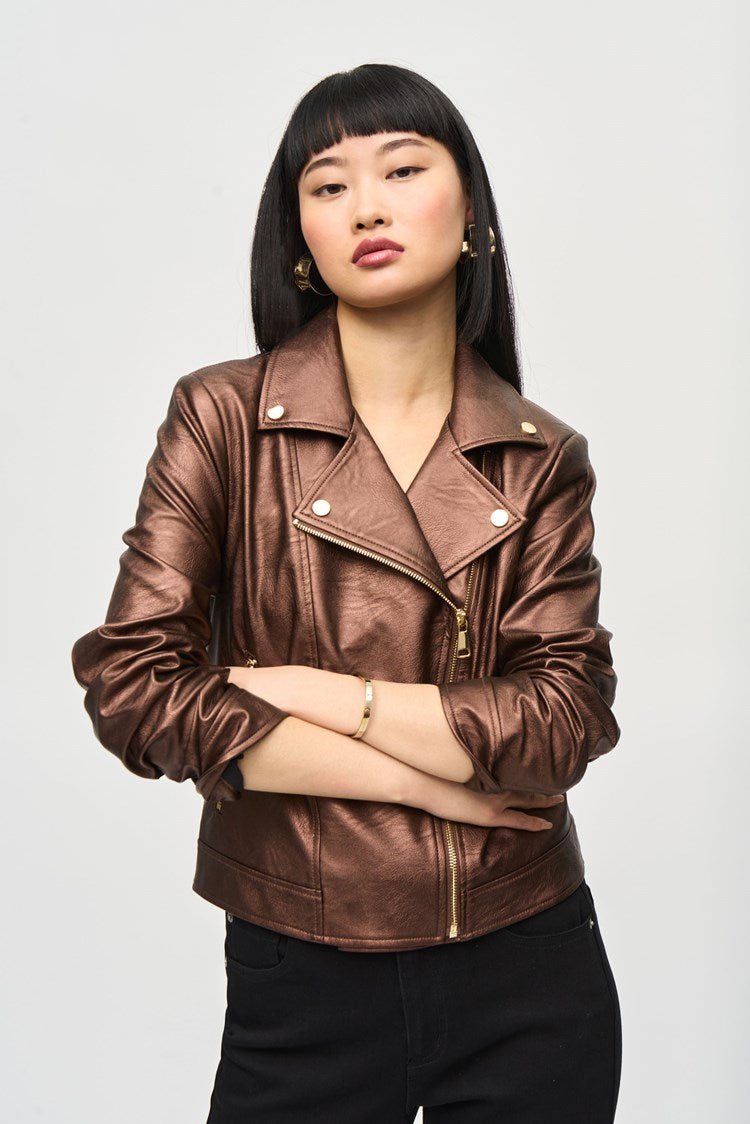 Metallic Faux Leather Biker Jacket in Bronze 234902F24