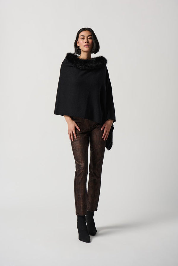 Sweater Knit Poncho With Faux Fur Crewneck In Black 234907