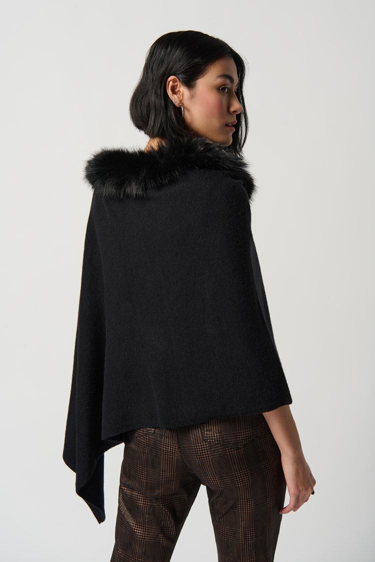 Sweater Knit Poncho With Faux Fur Crewneck In Black 234907