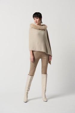 Sweater Knit Poncho With Faux Fur Crewneck In Alabaster 234907