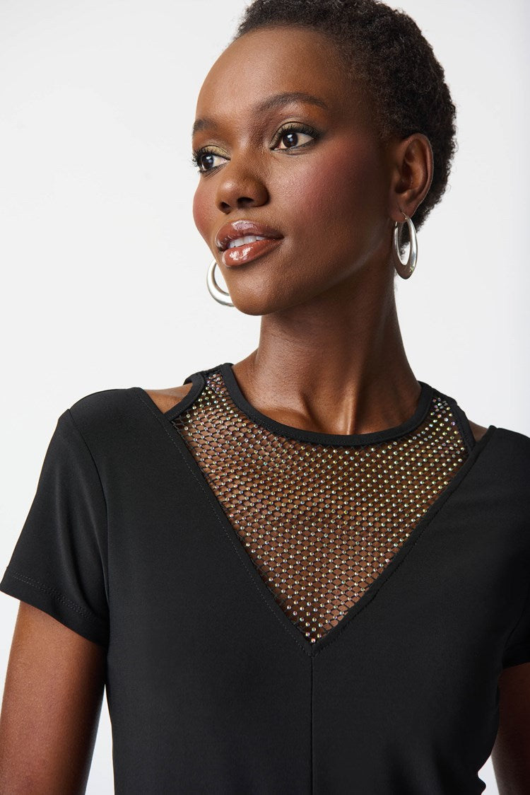 Silky Knit Top with Rhinestone Mesh in Black