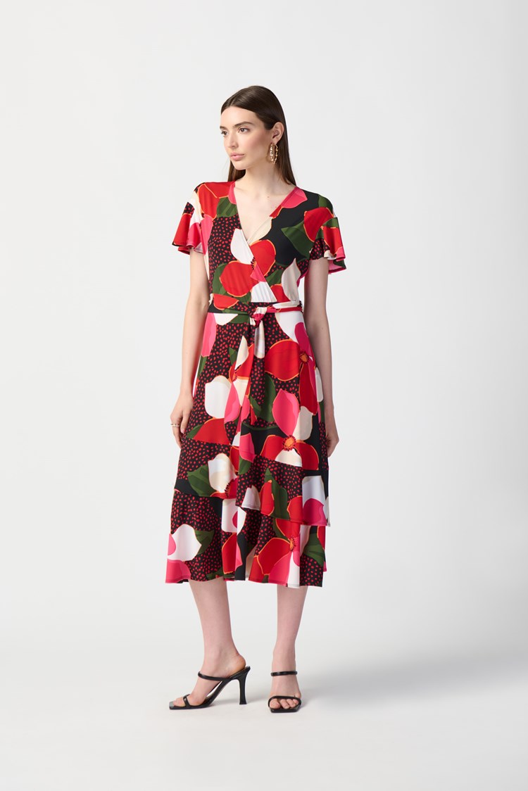 Floral Print Silky Knit Flowy Wrap Dress 241285