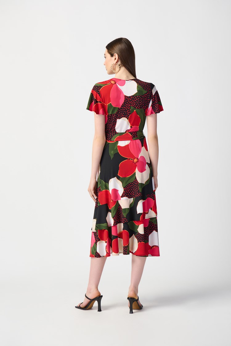 Floral Print Silky Knit Flowy Wrap Dress 241285