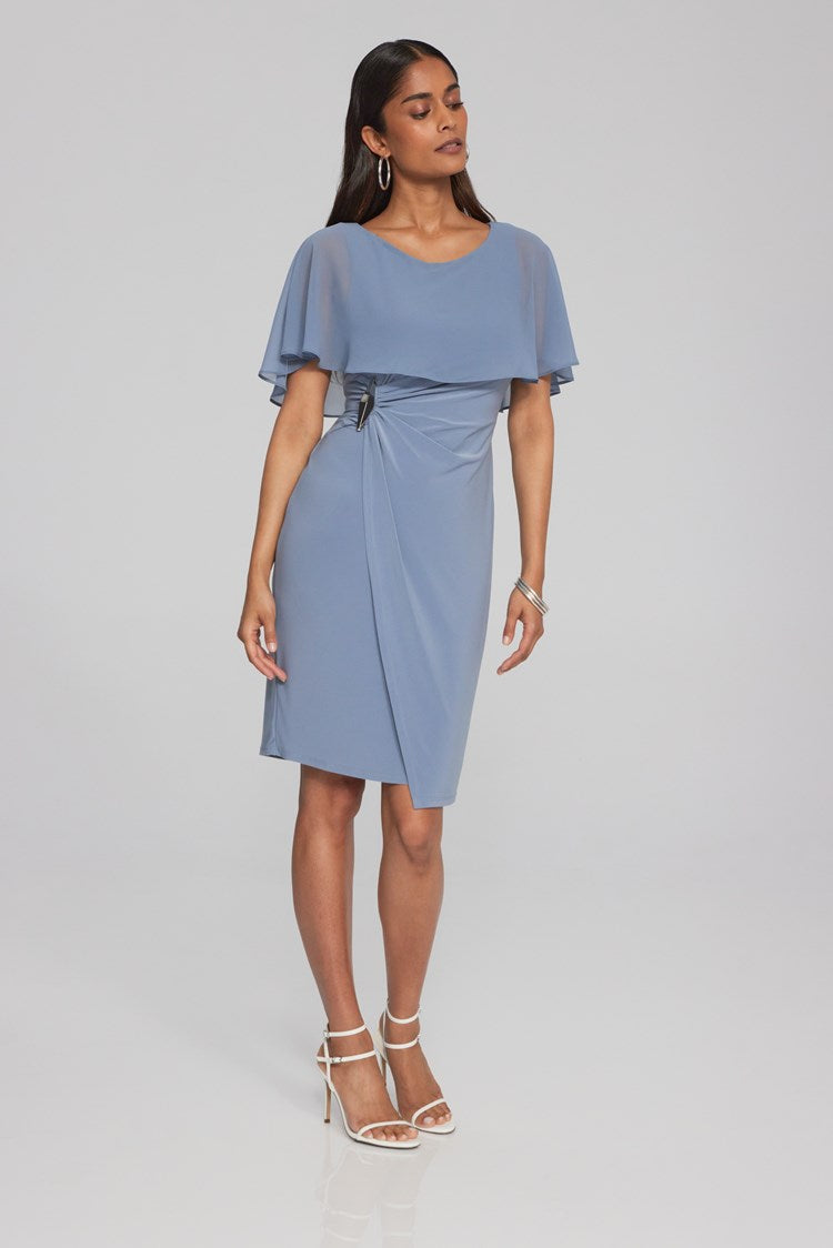 Silky Knit Sheath Dress with Chiffon Cape in Serenity Blue 241708