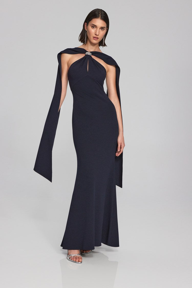 Scuba Crepe Trumpet Gown with Rhinestone Detail in Midnight Blue 241786