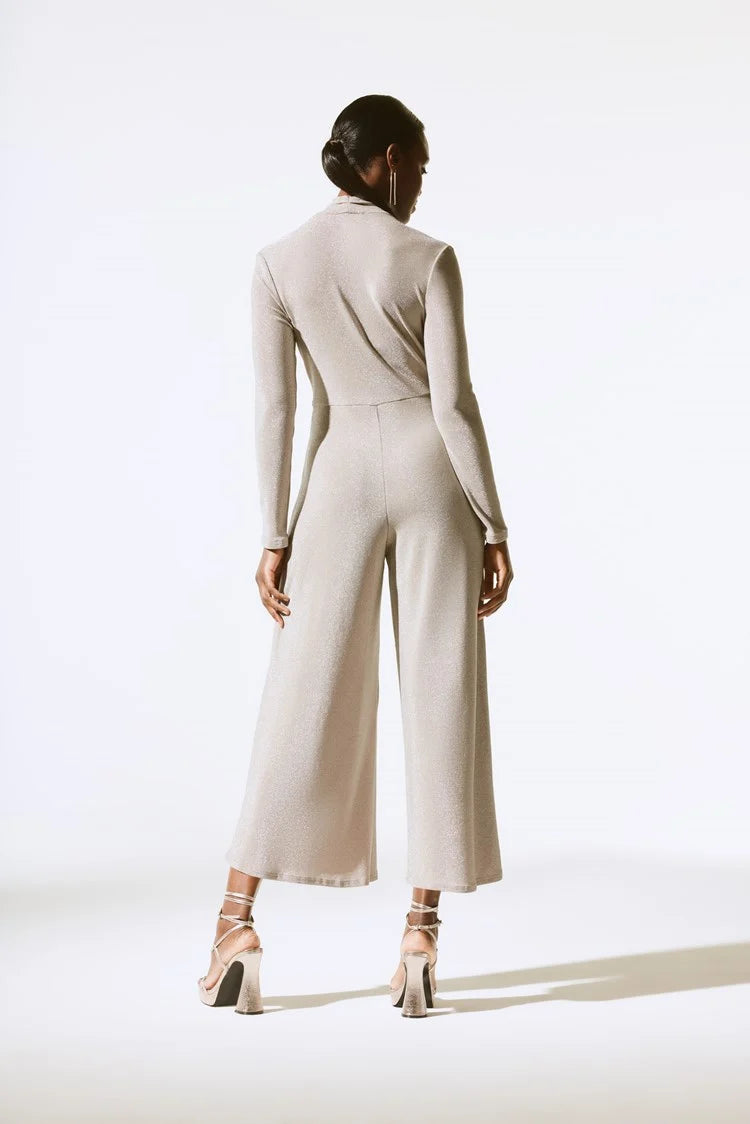 Shiny Knit Wide Leg Jumpsuit In Nude 243794